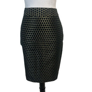 Ann Taylor Black Gold Polka Dot Pencil Skirt Size 2 Straight Knee Career Cocktai